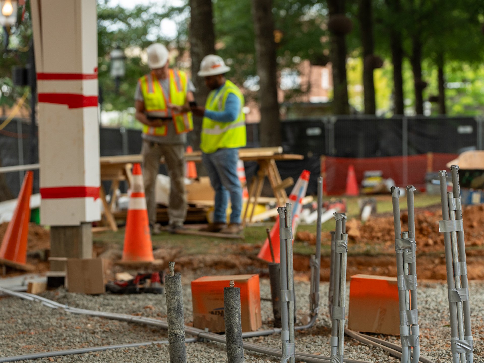 Exterior view of new commercial building construction with steel framing